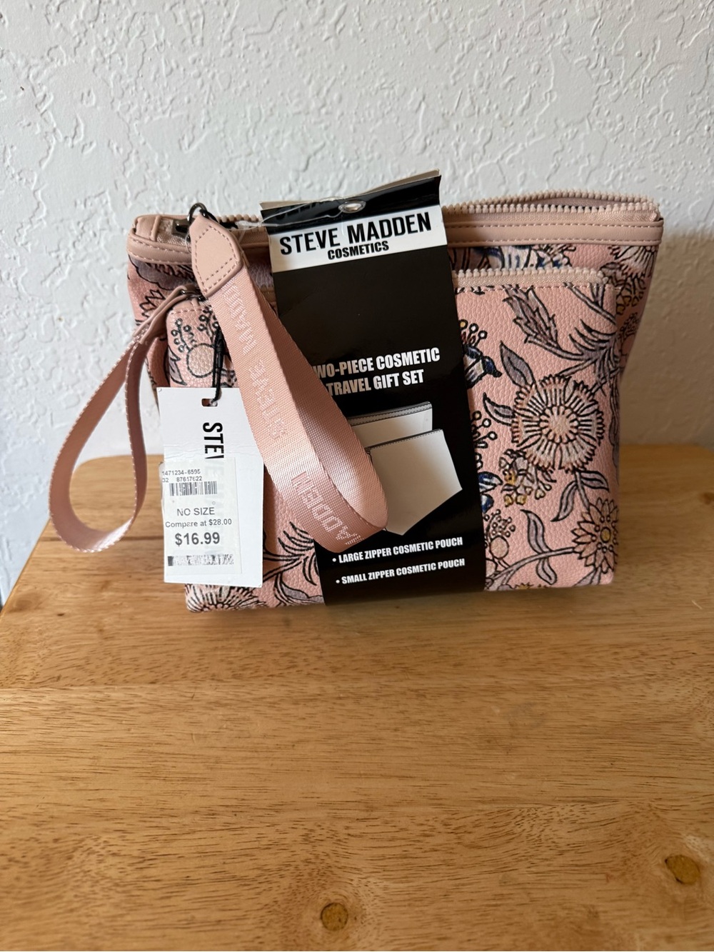 Steve Madden Pink Floral Zip Cosmetic Pouch Set with Wrist Strap
